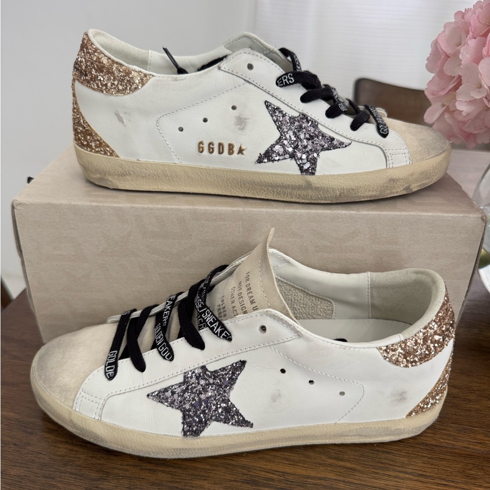 Golden Goose White Sneakers with Silver and Gold Glitter Stars